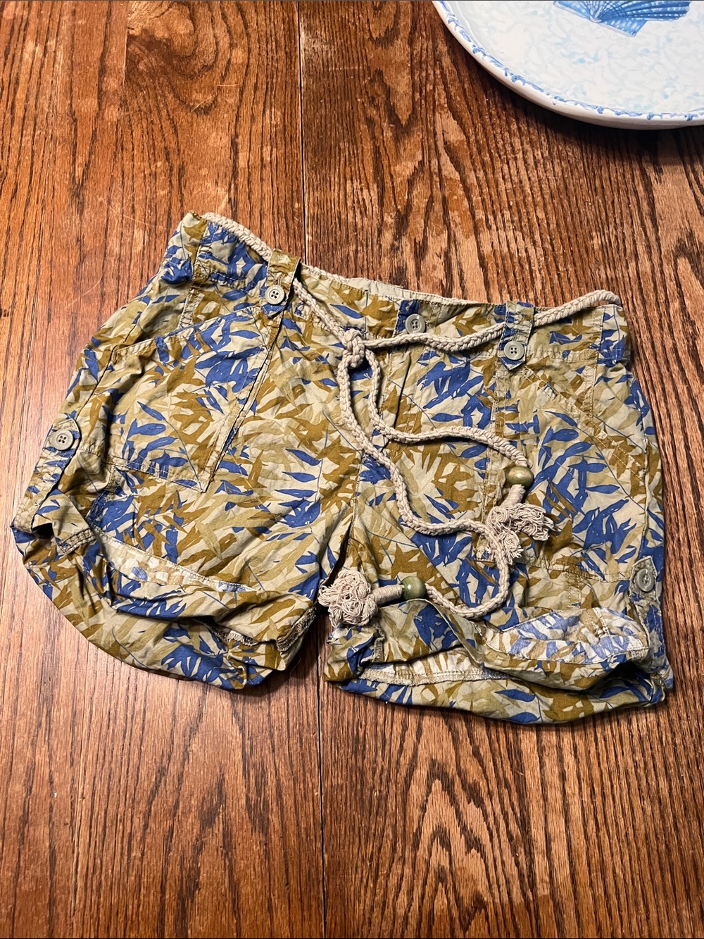 Vintage Old Navy Ultra Low Waist  Olive and Blue Botanical Rope-Tie Cargo Shorts